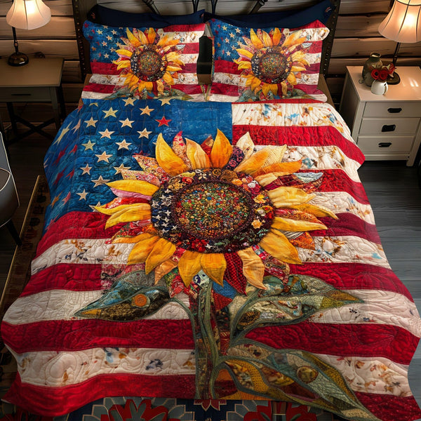 American Blossom quilted 3-piece bedding set on a made bed in a warmly lit bedroom