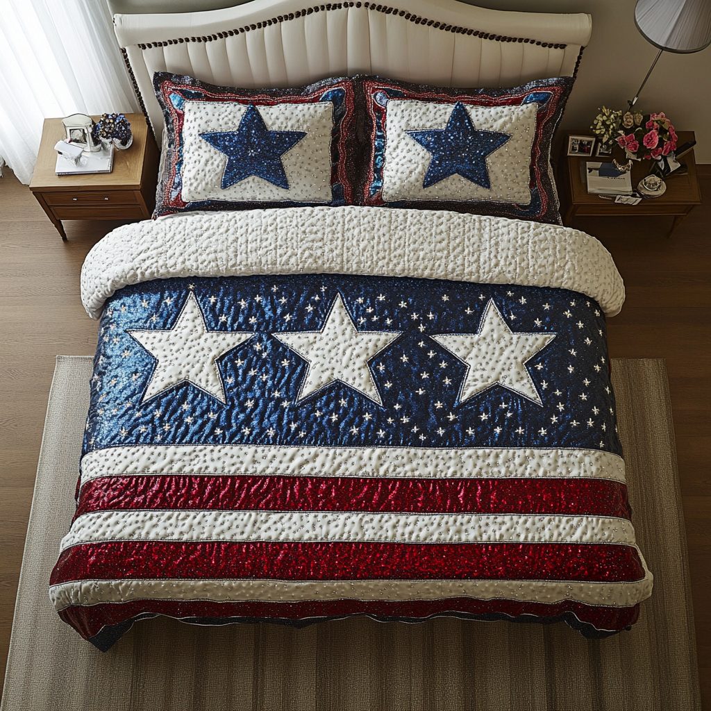 American Bold quilted 3-piece bedding set on a made bed in a warmly lit bedroom