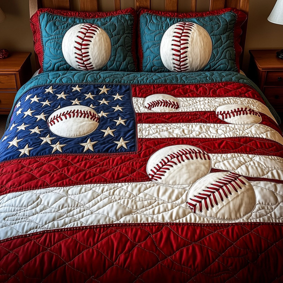 American Classic Baseball quilted 3-piece bedding set on a made bed in a warmly lit bedroom