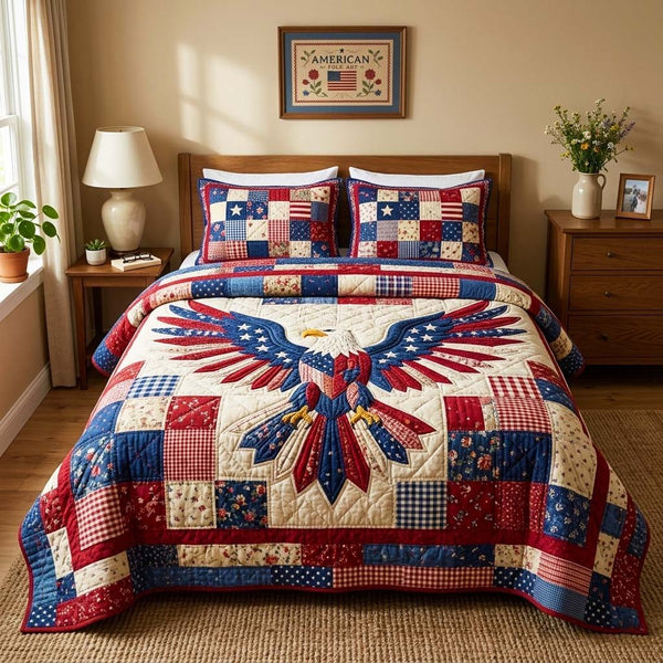 American Eagle quilted 3-piece bedding set on a made bed in a warmly lit bedroom