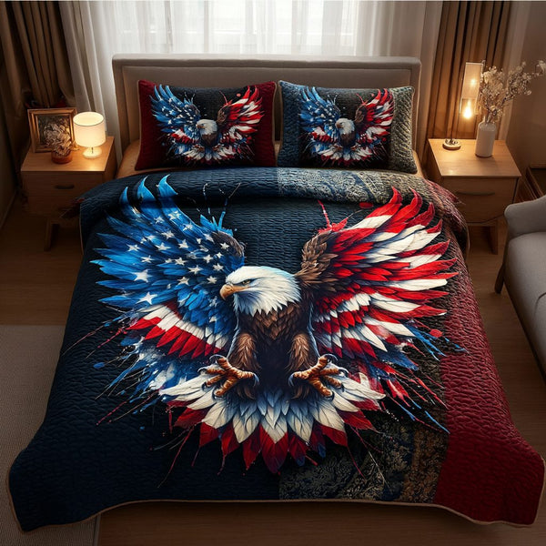 American Eagle quilted 3-piece bedding set on a made bed in a warmly lit bedroom