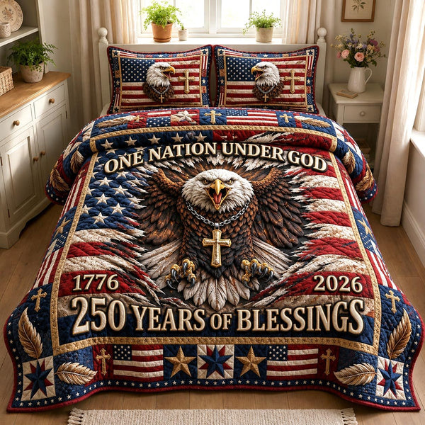American Faith quilted 3-piece bedding set on a made bed in a warmly lit bedroom