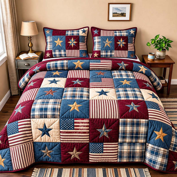 American Flag quilted 3-piece bedding set on a made bed in a warmly lit bedroom