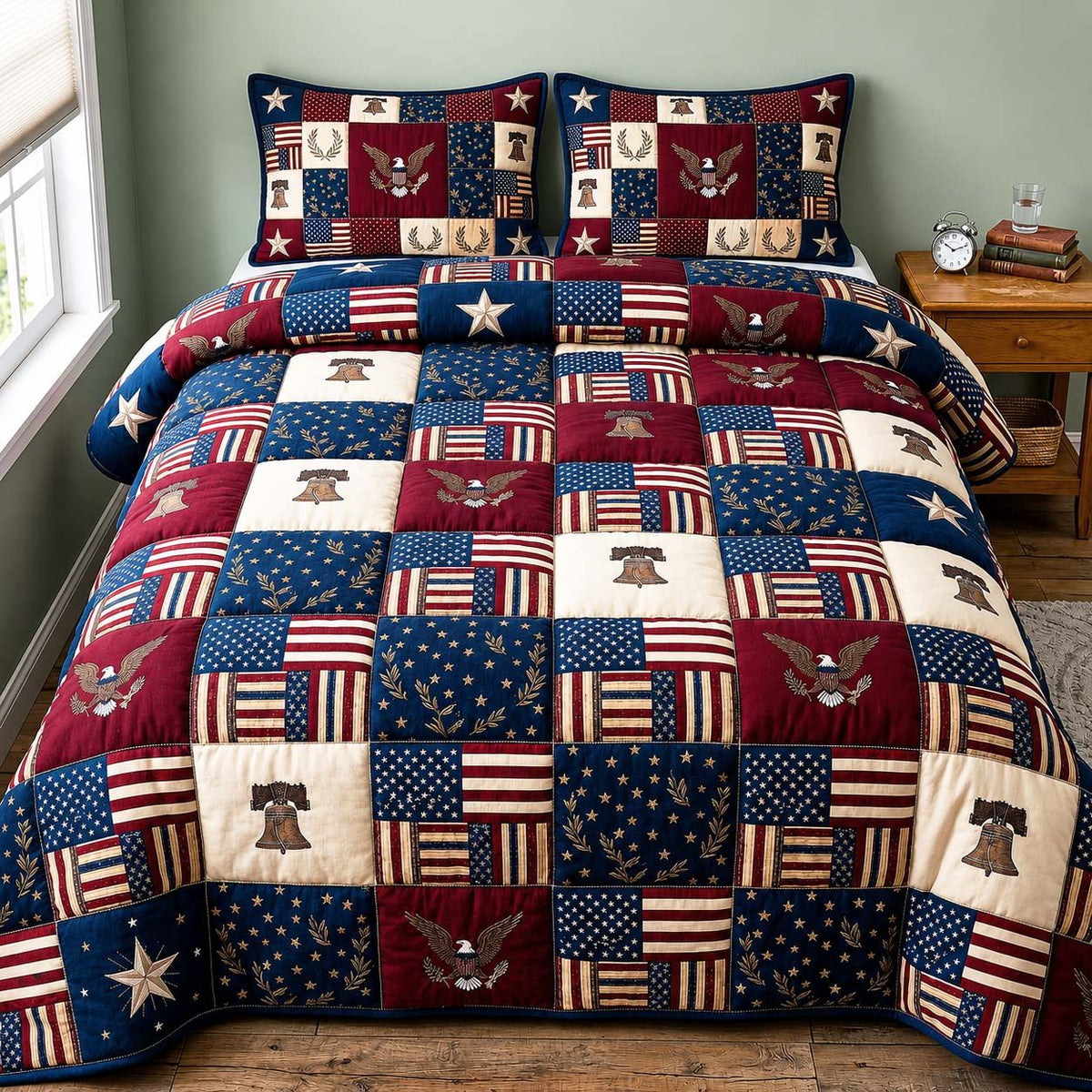 American Flag quilted 3-piece bedding set on a made bed in a warmly lit bedroom
