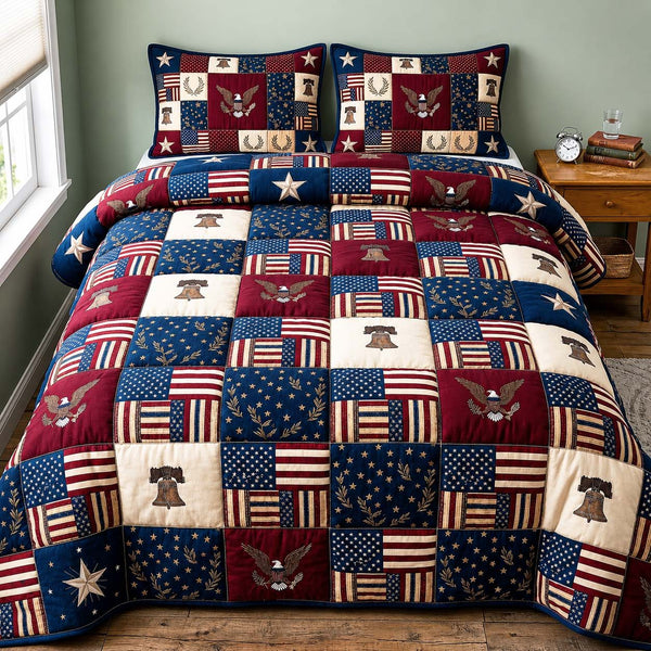 American Flag quilted 3-piece bedding set on a made bed in a warmly lit bedroom