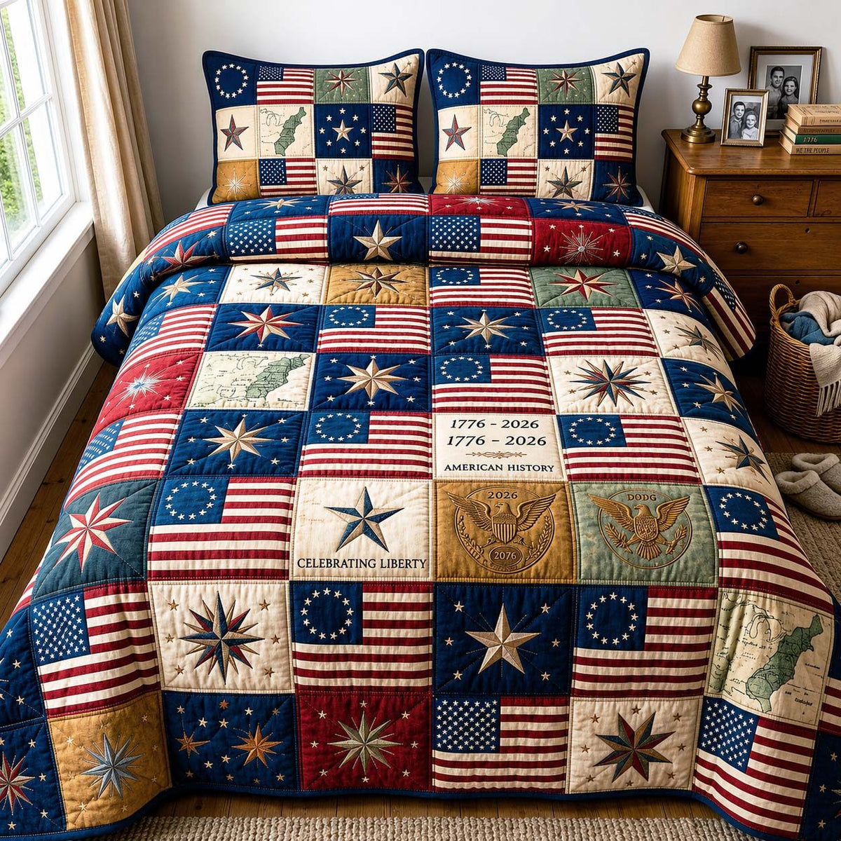 American Flag quilted 3-piece bedding set on a made bed in a warmly lit bedroom
