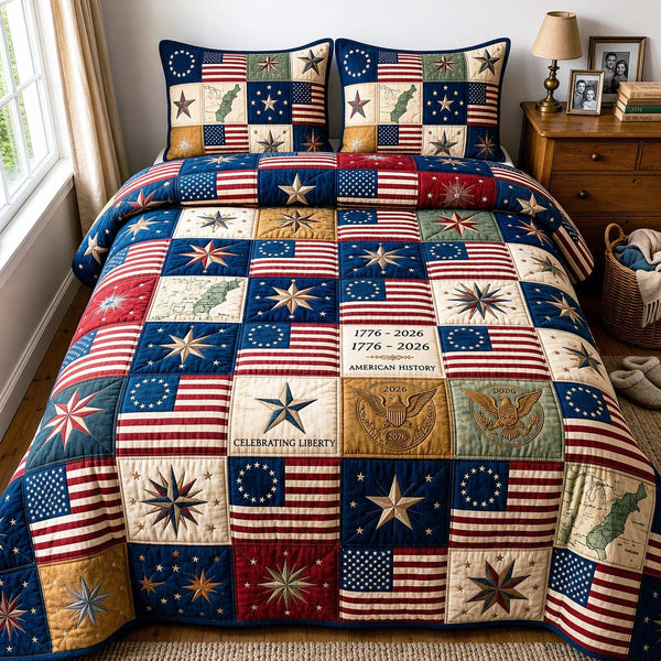 American Flag quilted 3-piece bedding set on a made bed in a warmly lit bedroom