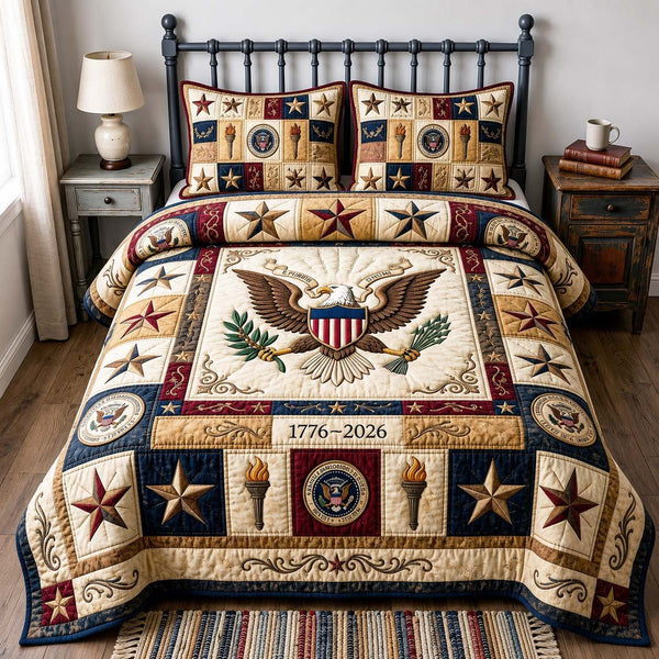 American Flag quilted 3-piece bedding set on a made bed in a warmly lit bedroom