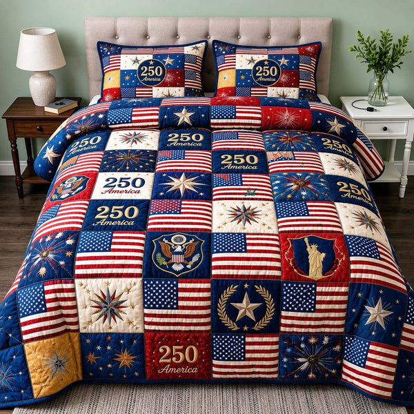 American Flag quilted 3-piece bedding set on a made bed in a warmly lit bedroom