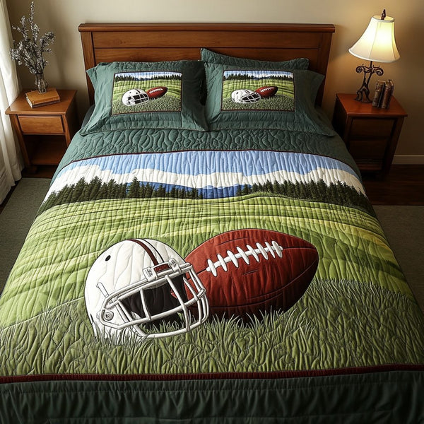 American Football Action quilted 3-piece bedding set on a made bed in a warmly lit bedroom