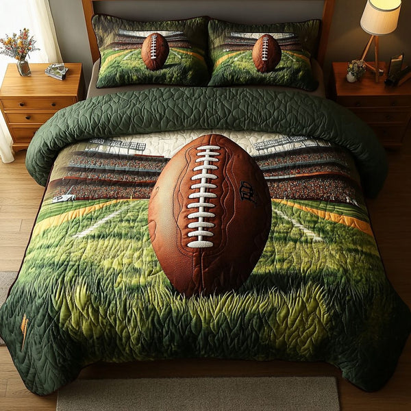 American Football Game quilted 3-piece bedding set on a made bed in a warmly lit bedroom