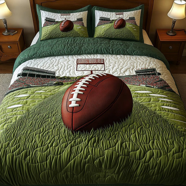 American Football Spirit quilted 3-piece bedding set on a made bed in a warmly lit bedroom
