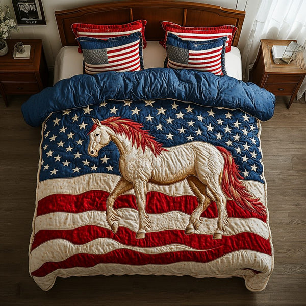 American Gallop quilted 3-piece bedding set on a made bed in a warmly lit bedroom