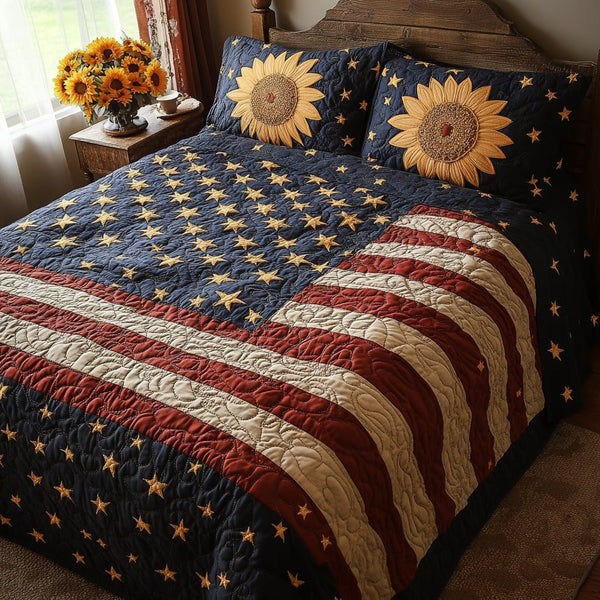American Garden quilted 3-piece bedding set on a made bed in a warmly lit bedroom