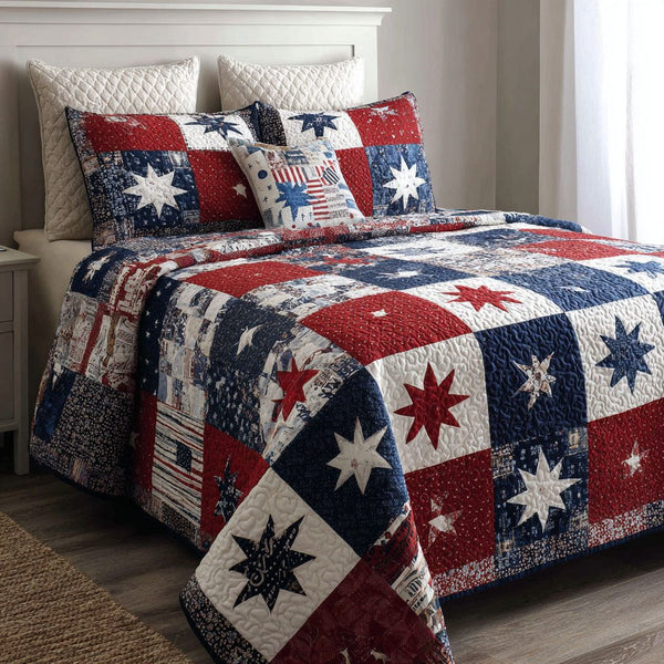 American Glory quilted 3-piece bedding set on a made bed in a warmly lit bedroom