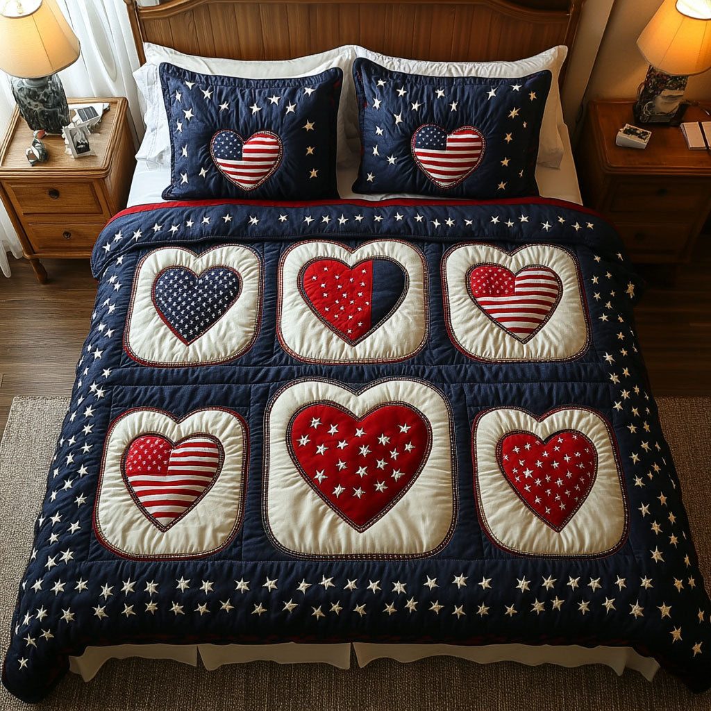 American Heartbeat quilted 3-piece bedding set on a made bed in a warmly lit bedroom