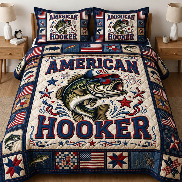 American Hooker quilted 3-piece bedding set on a made bed in a warmly lit bedroom