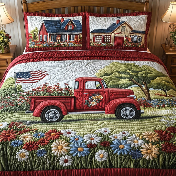 American Joyride quilted 3-piece bedding set on a made bed in a warmly lit bedroom