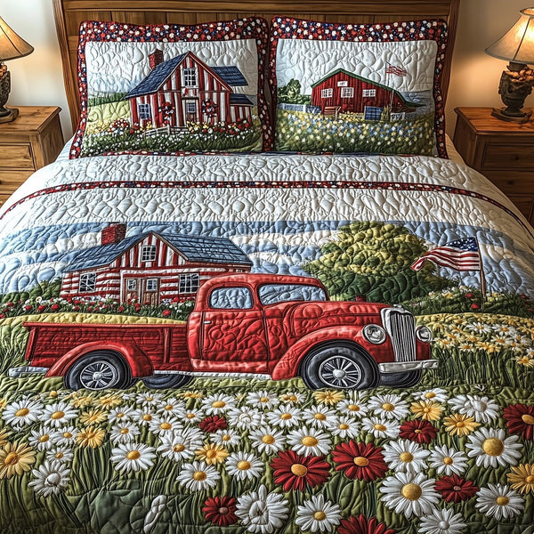 American Joyride quilted 3-piece bedding set on a made bed in a warmly lit bedroom