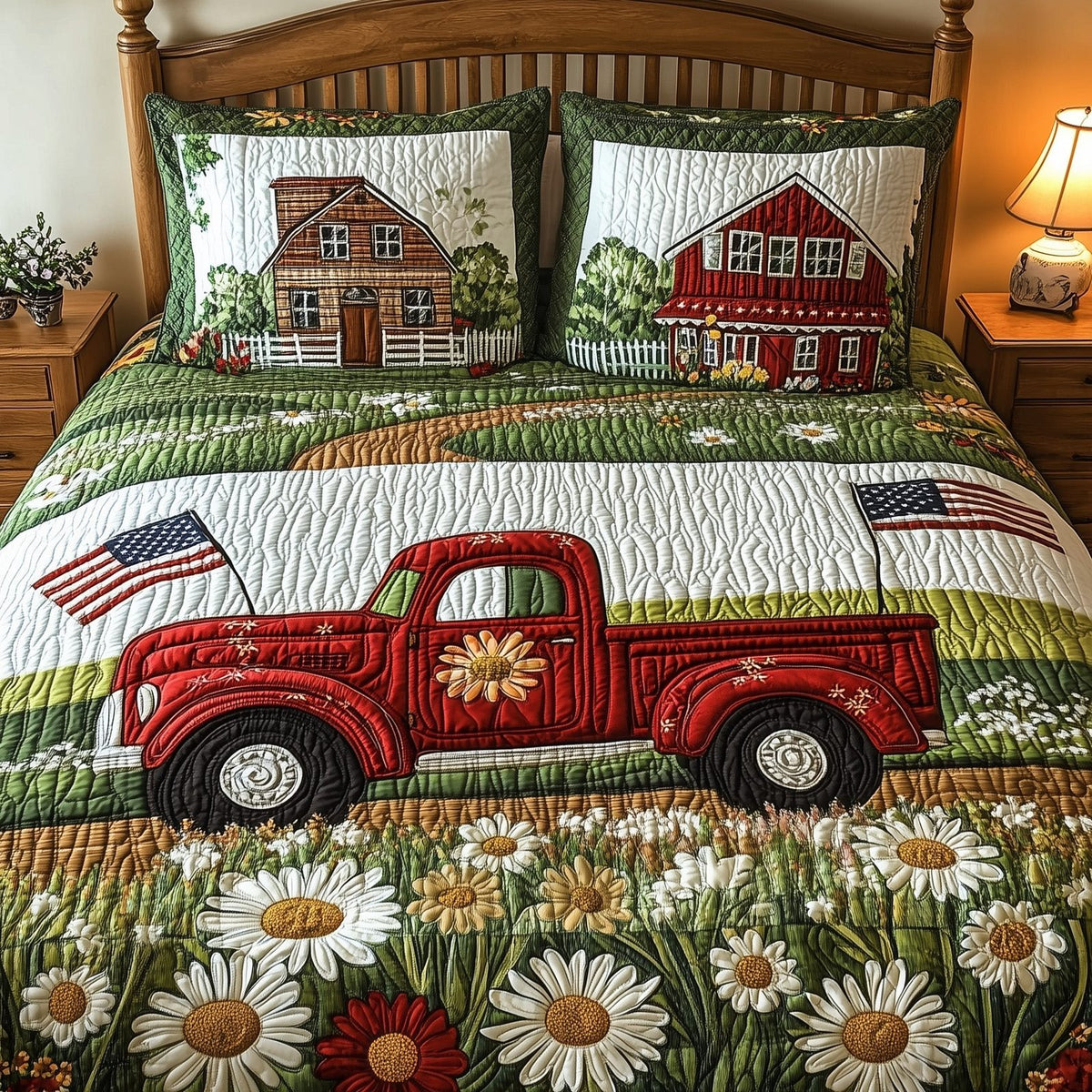American Joyride quilted 3-piece bedding set on a made bed in a warmly lit bedroom