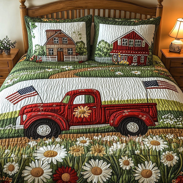 American Joyride quilted 3-piece bedding set on a made bed in a warmly lit bedroom