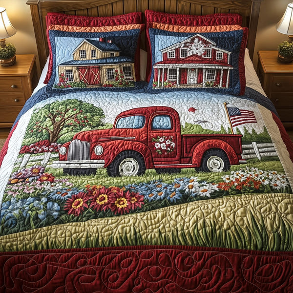 American Joyride quilted 3-piece bedding set on a made bed in a warmly lit bedroom