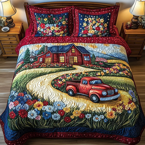 American Joyride quilted 3-piece bedding set on a made bed in a warmly lit bedroom