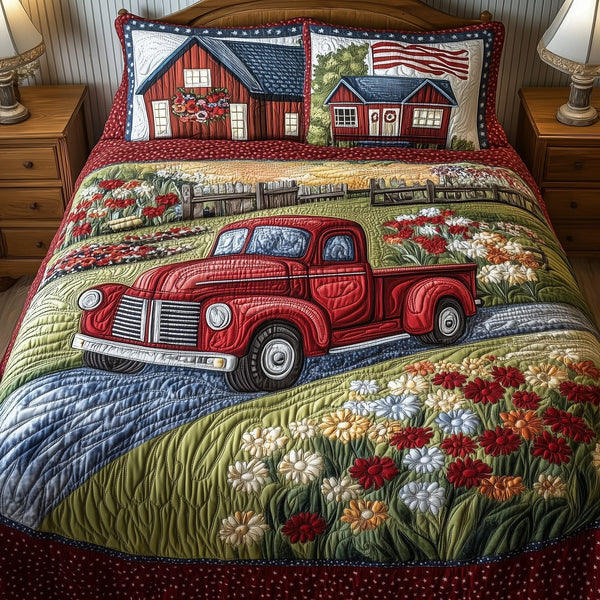 American Joyride quilted 3-piece bedding set on a made bed in a warmly lit bedroom