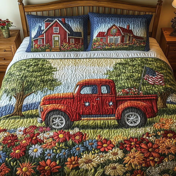 American Joyride quilted 3-piece bedding set on a made bed in a warmly lit bedroom