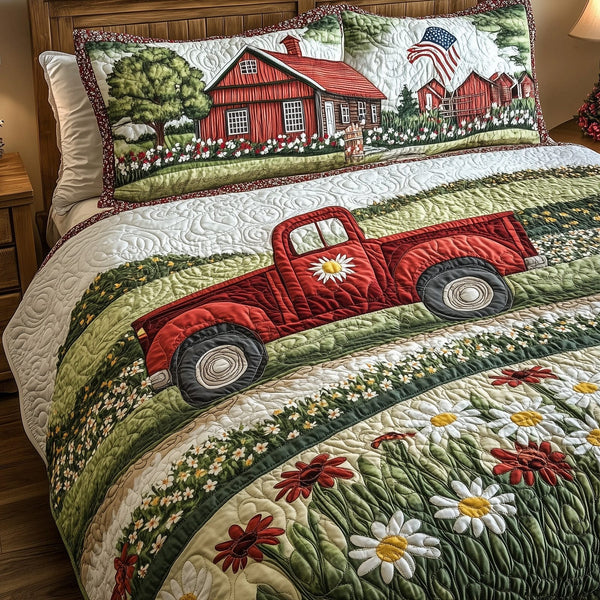 American Joyride quilted 3-piece bedding set on a made bed in a warmly lit bedroom