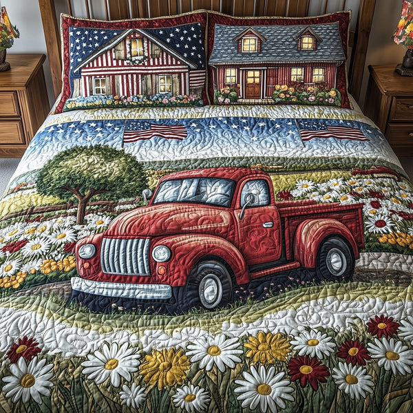 American Joyride quilted 3-piece bedding set on a made bed in a warmly lit bedroom