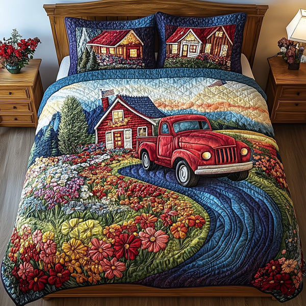 American Joyride quilted 3-piece bedding set on a made bed in a warmly lit bedroom
