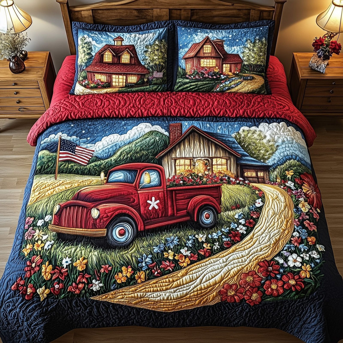 American Joyride quilted 3-piece bedding set on a made bed in a warmly lit bedroom