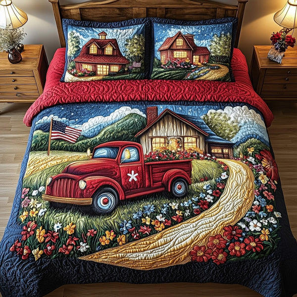American Joyride quilted 3-piece bedding set on a made bed in a warmly lit bedroom