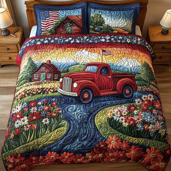 American Joyride quilted 3-piece bedding set on a made bed in a warmly lit bedroom