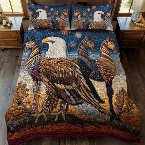 American Majesty quilted 3-piece bedding set on a made bed in a warmly lit bedroom