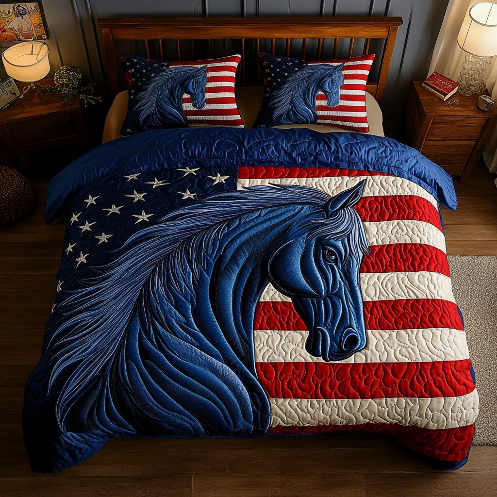 American Mustang quilted 3-piece bedding set on a made bed in a warmly lit bedroom