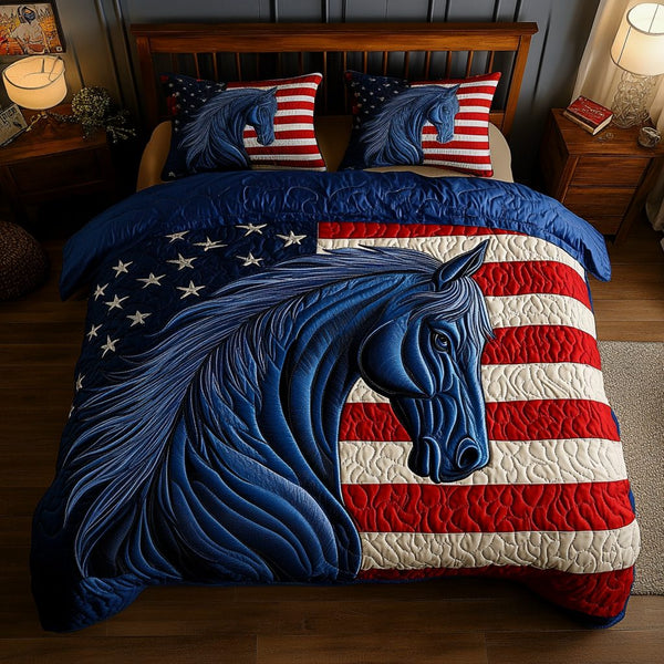 American Mustang quilted 3-piece bedding set on a made bed in a warmly lit bedroom