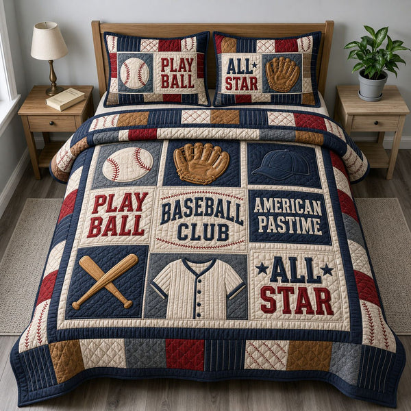 American Pastime Baseball Club quilted 3-piece bedding set on a made bed in a warmly lit bedroom