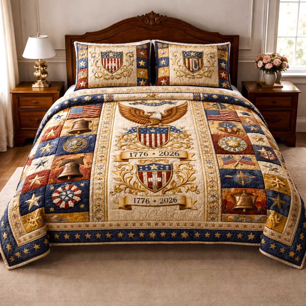 American Pride quilted 3-piece bedding set on a made bed in a warmly lit bedroom