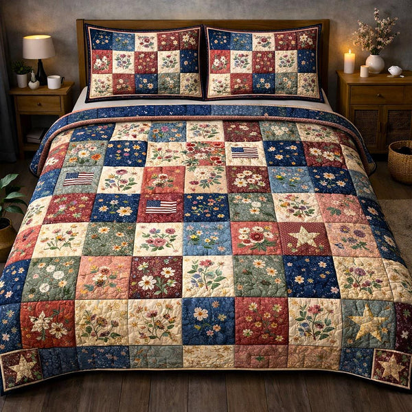 American Pride quilted 3-piece bedding set on a made bed in a warmly lit bedroom