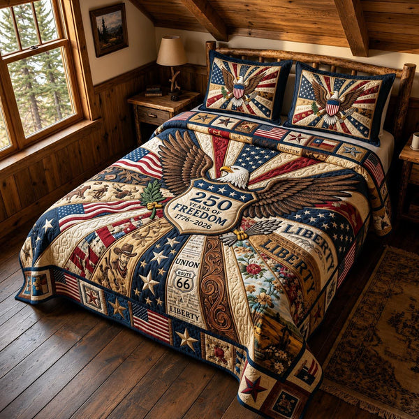 American Pride quilted 3-piece bedding set on a made bed in a warmly lit bedroom
