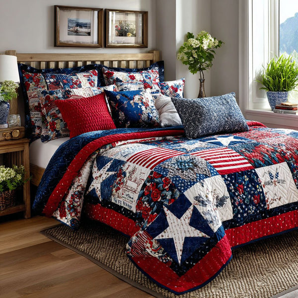 American Pride quilted 3-piece bedding set on a made bed in a warmly lit bedroom