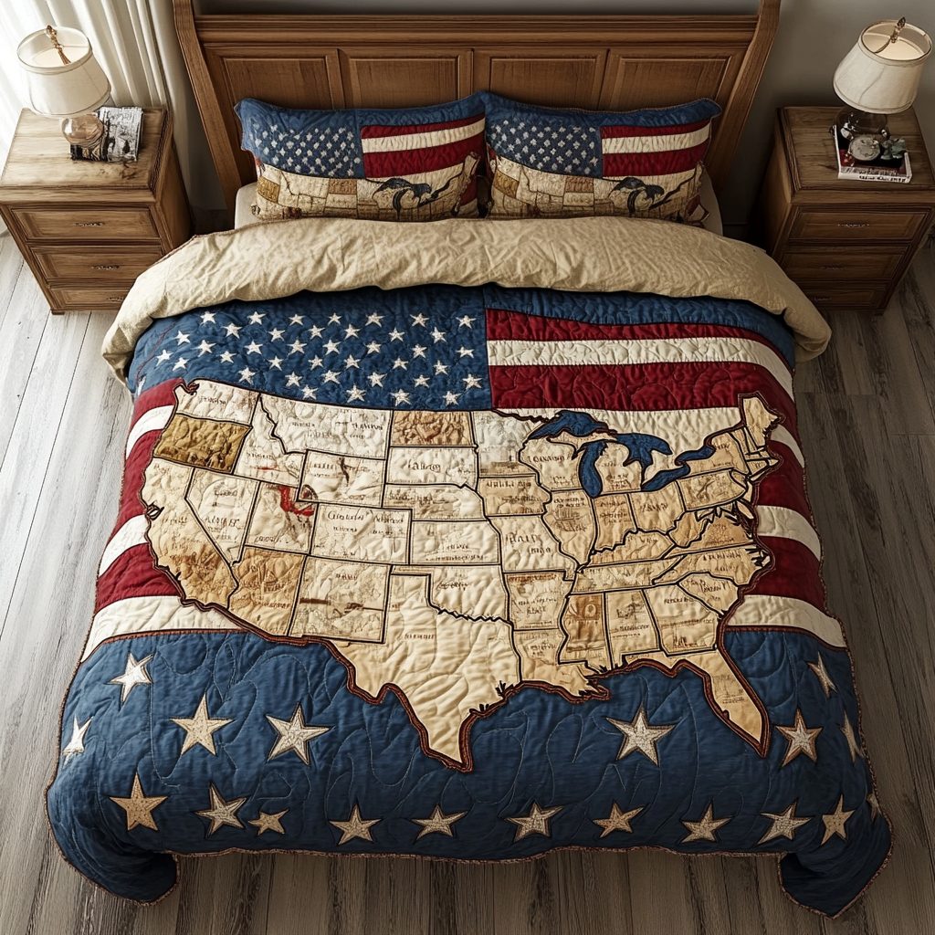 American Pride quilted 3-piece bedding set on a made bed in a warmly lit bedroom