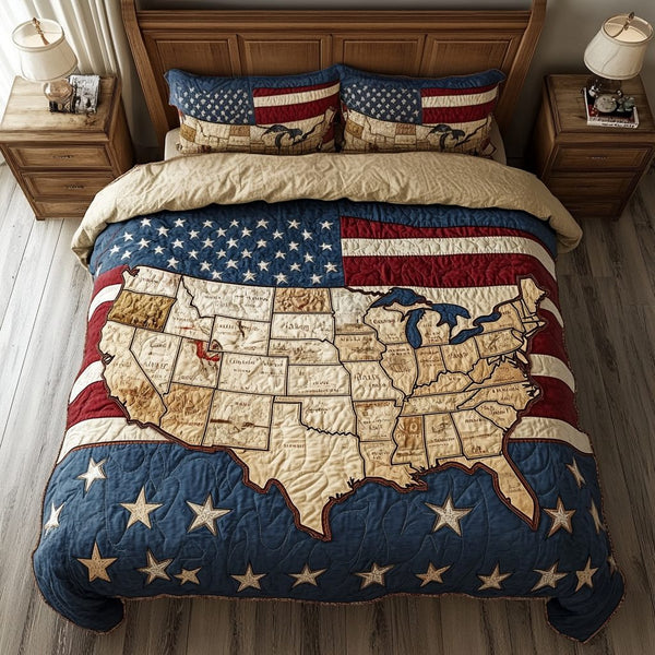 American Pride quilted 3-piece bedding set on a made bed in a warmly lit bedroom