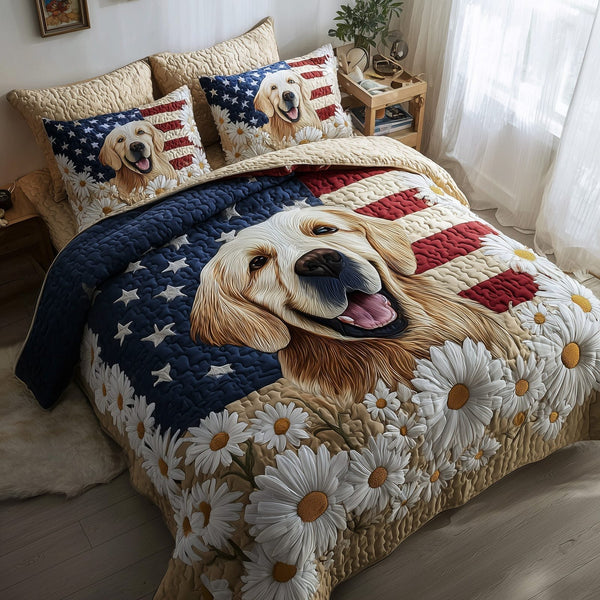 American Pride Retriever quilted 3-piece bedding set on a made bed in a warmly lit bedroom