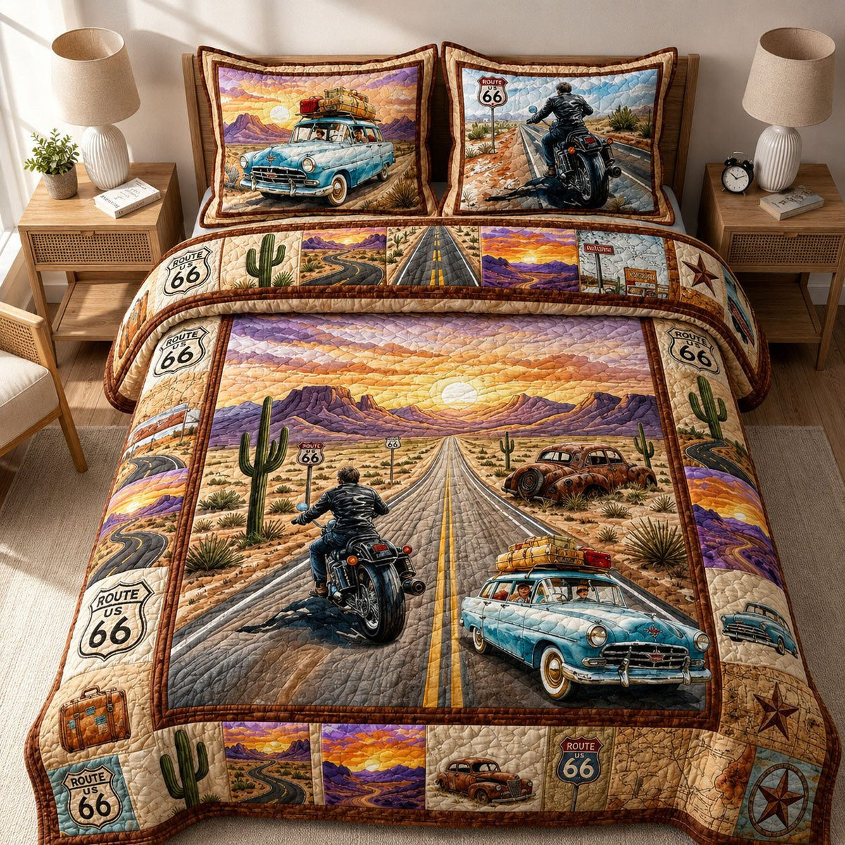 American Road Trip quilted 3-piece bedding set on a made bed in a warmly lit bedroom