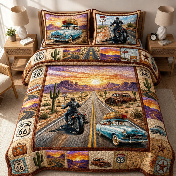 American Road Trip quilted 3-piece bedding set on a made bed in a warmly lit bedroom