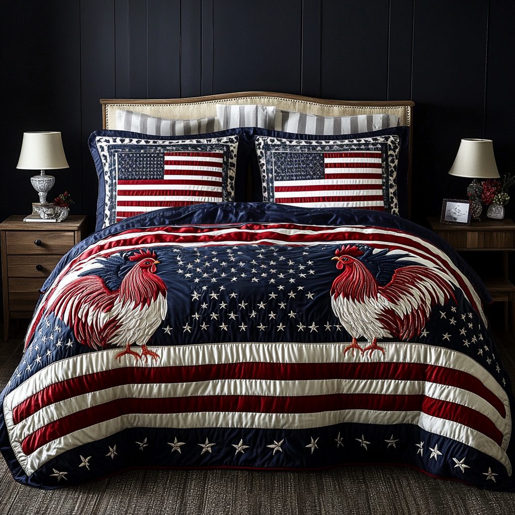 American Rooster quilted 3-piece bedding set on a made bed in a warmly lit bedroom