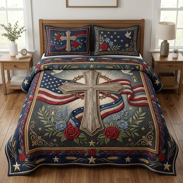 American Savior quilted 3-piece bedding set on a made bed in a warmly lit bedroom
